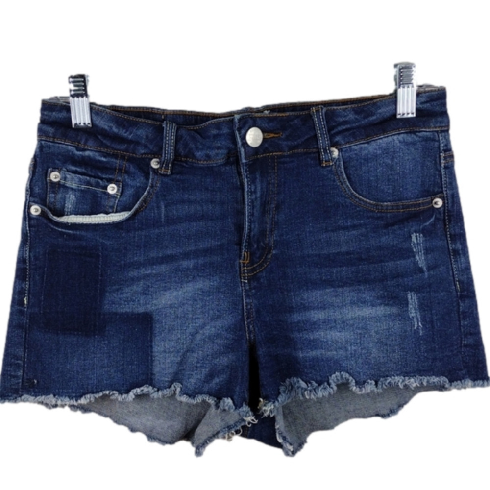 R1893 Blue Dark Wash Five Pocket Mid Rise Raw Hem Jean Shorts